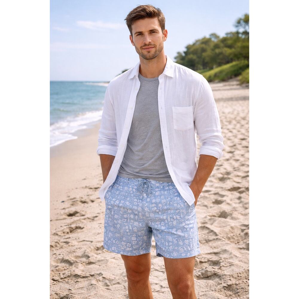 Peter Millar Swim Trunks XXL Blue White Shell Print Board Patchwork Men Shorts